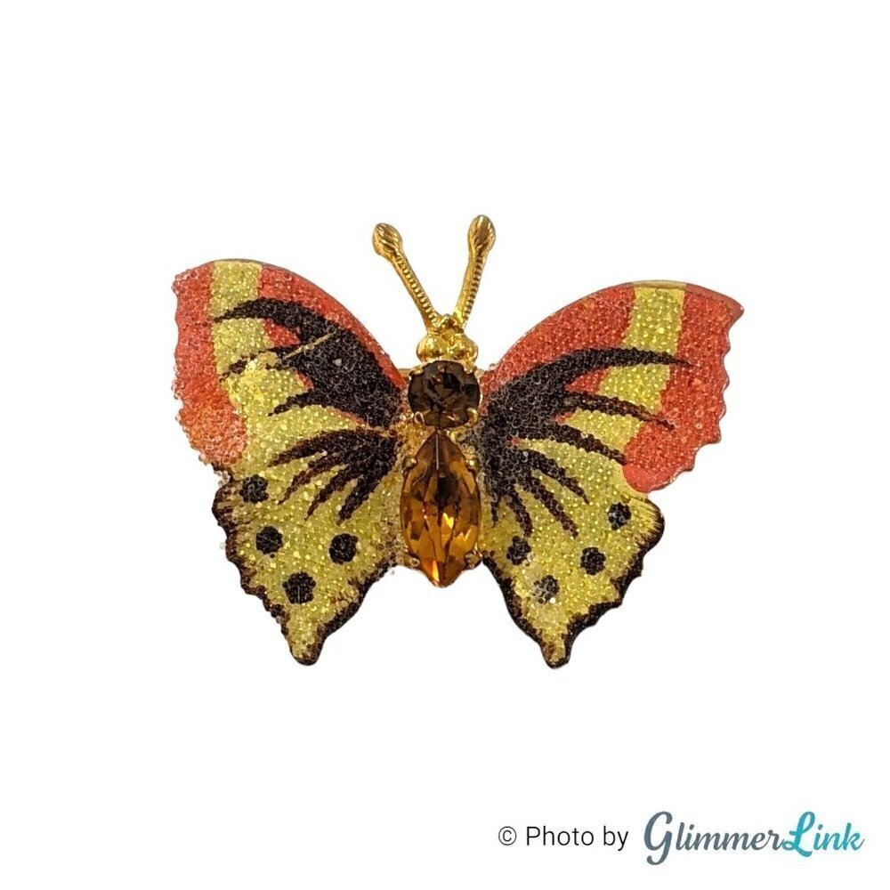 Vintage Petite Butterfly Orange & Yellow Sugar Coated Enamel Rhinestones Brooch